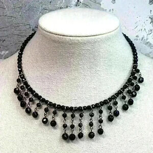 Vintage Black Glass Choker Necklace with Dangle Beads